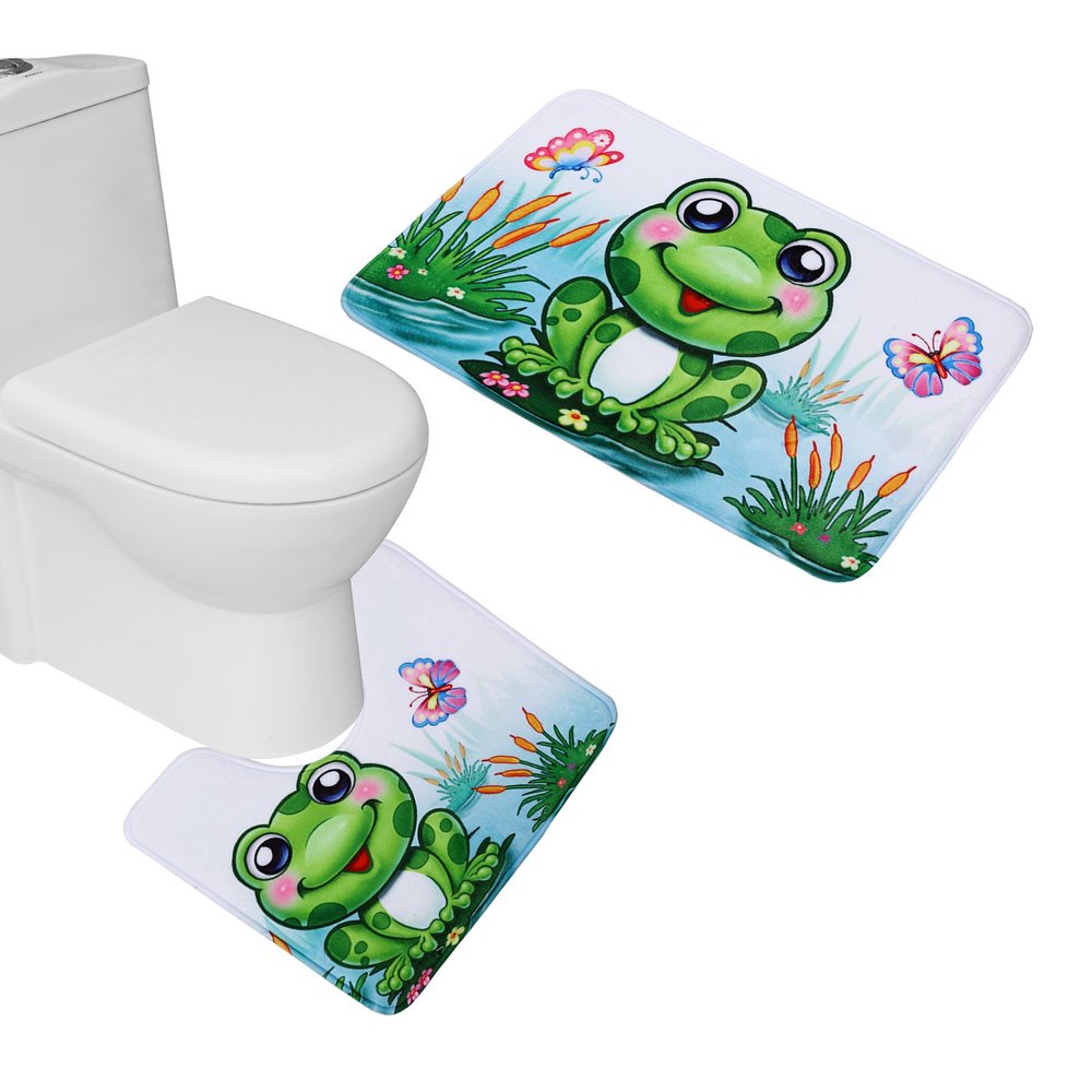 Amagical 2 Piece Cute Pattern Flannel Bathroom Mat Set (Bathroom Mat + Toilet Contour Rug) (Frog)