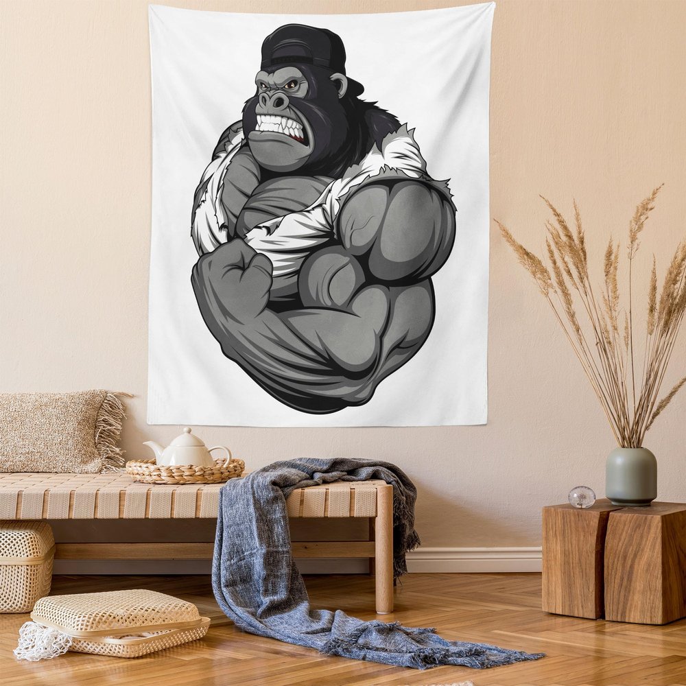 Ambesonne Cartoon Tapestry, Image of Big Gorilla Like as Professional Athlete Bodybuilding Gym Animal, Wall Hanging for Bedroom Living Room Dorm Decor, 60" X 80", Black White Grey