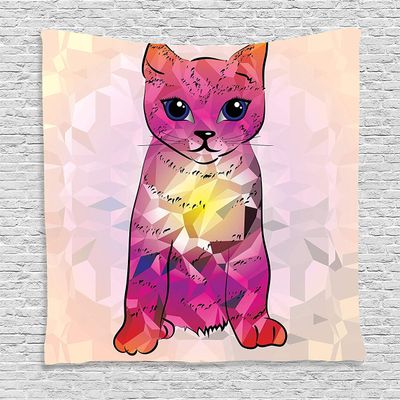 Ambesonne Cat Tapestry, Geometrc Digital Color Robot Cat with Technologic Patterns Little Retro Art, Wall Hanging for Bedroom Living Room Dorm Decor, 60" X 80", Fuchsia Pink