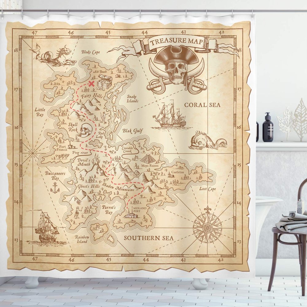 Ambesonne Island Shower Curtain, Old Antique Treasure Map Details Retro Color Adventure Sailing Pirate Print, Cloth Fabric Bathroom Decor Set with Hooks, 69" W x 70" L, Cream