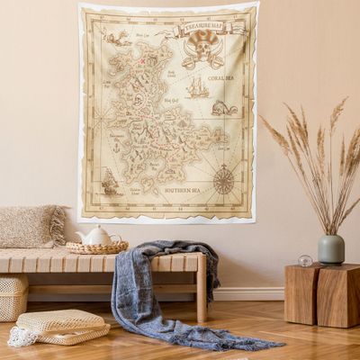 Ambesonne Island Tapestry, Old Antique Treasure Map Details Retro Color Adventure Sailing Pirate Print, Wall Hanging for Bedroom Living Room Dorm Decor, 60" X 80", Cream Brown