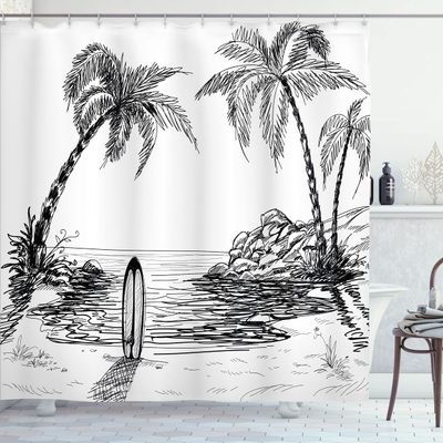Ambesonne Surf Shower Curtain, Seascape with Coconut Tree and Surfboard on The Sand Summer Time Exotic Island Sketch, Cloth Fabric Bathroom Decor Set with Hooks, 69" W x 75" L, White and Black