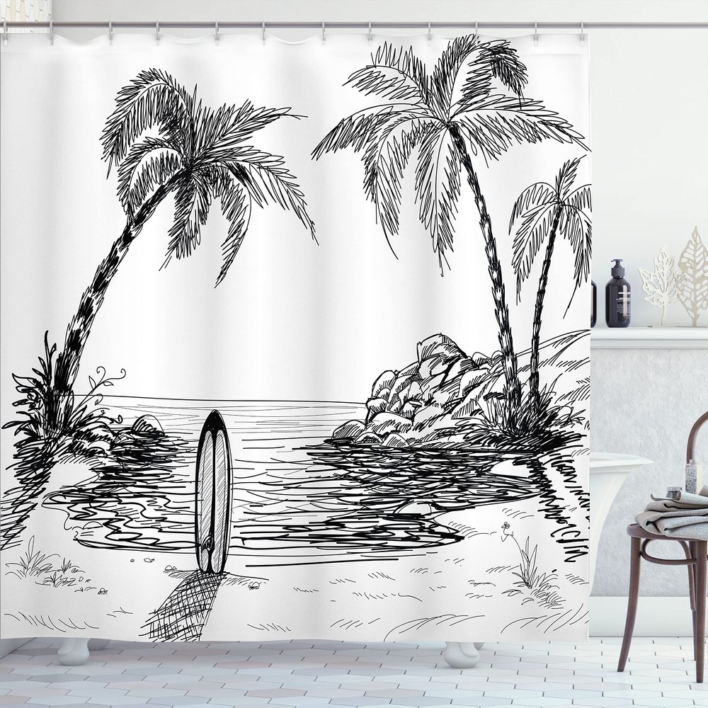 Ambesonne Surf Shower Curtain, Seascape with Coconut Tree and Surfboard on The Sand Summer Time Exotic Island Sketch, Cloth Fabric Bathroom Decor Set with Hooks, 69" W x 75" L, White and Black