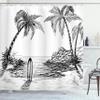 Ambesonne Surf Shower Curtain, Seascape with Coconut Tree and Surfboard on The Sand Summer Time Exotic Island Sketch, Cloth Fabric Bathroom Decor Set with Hooks, 69" W x 75" L, White and Black view 1