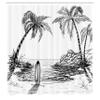 Ambesonne Surf Shower Curtain, Seascape with Coconut Tree and Surfboard on The Sand Summer Time Exotic Island Sketch, Cloth Fabric Bathroom Decor Set with Hooks, 69" W x 75" L, White and Black view 2