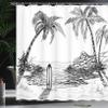 Ambesonne Surf Shower Curtain, Seascape with Coconut Tree and Surfboard on The Sand Summer Time Exotic Island Sketch, Cloth Fabric Bathroom Decor Set with Hooks, 69" W x 75" L, White and Black view 3