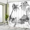 Ambesonne Surf Shower Curtain, Seascape with Coconut Tree and Surfboard on The Sand Summer Time Exotic Island Sketch, Cloth Fabric Bathroom Decor Set with Hooks, 69" W x 75" L, White and Black view 4