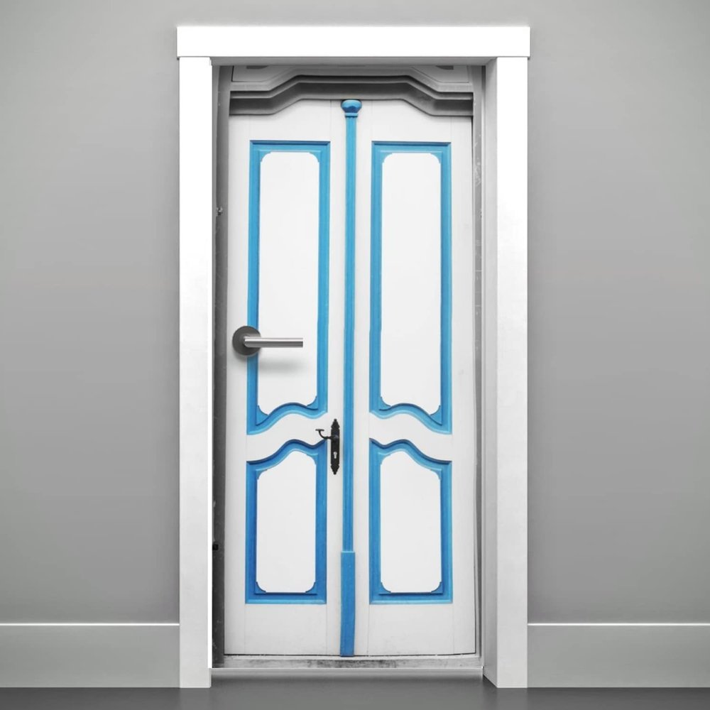 DoorPix 30x80 Inch 3D Door Mural Wrap Glossy Bubble Free Sticker 4-Panel White and Blue Art Nouveau Double Door - Peel and Stick - Easy-to-Clean, Durable