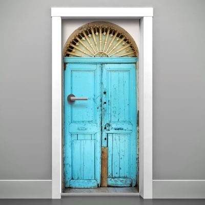 DoorPix 30x80 Inch 3D Door Mural Wrap Glossy Bubble Free Sticker Aqua 4-Panel Double-Door with Decorative Arched Transom - Peel and Stick - Easy-to-Clean, Durable
