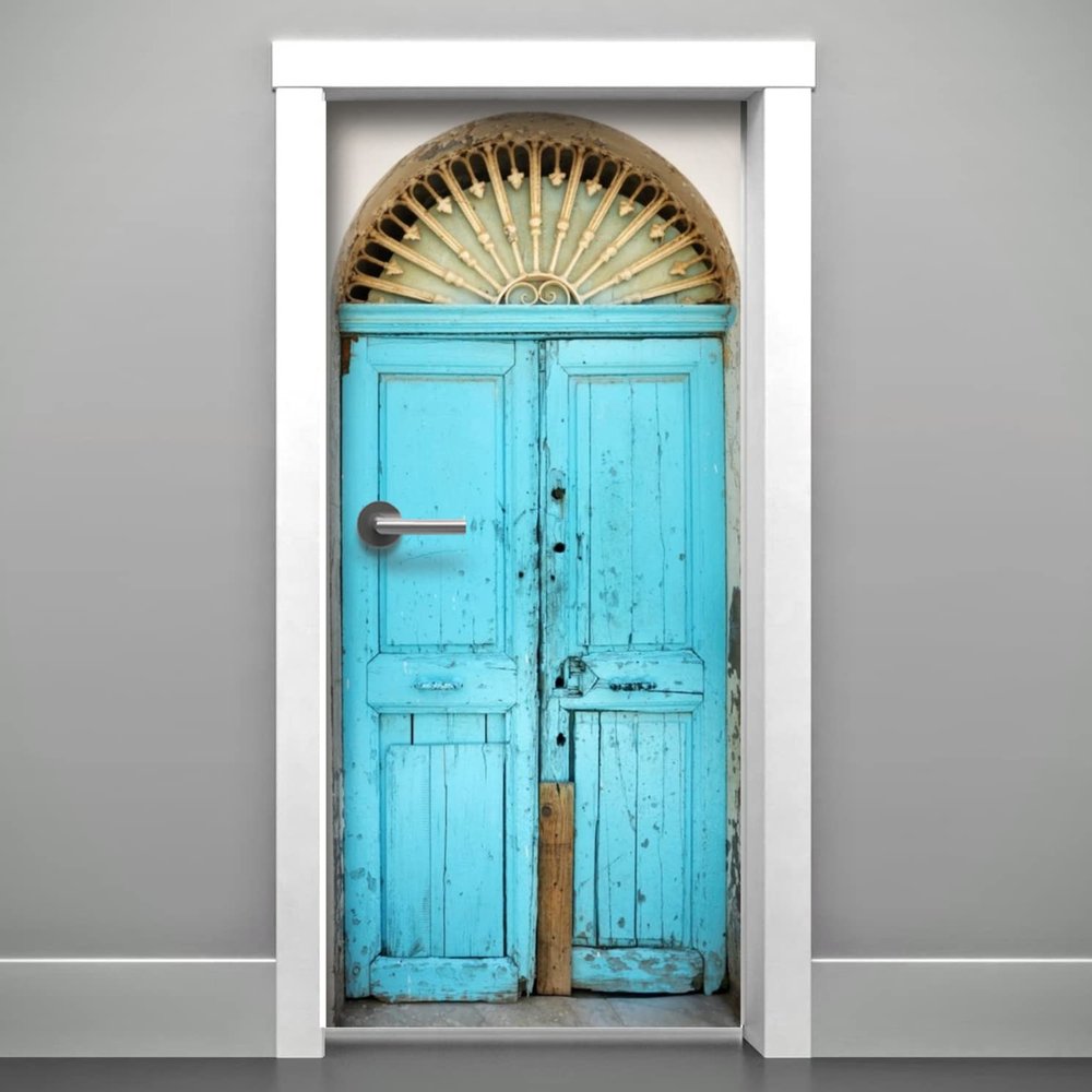 DoorPix 30x80 Inch 3D Door Mural Wrap Glossy Bubble Free Sticker Aqua 4-Panel Double-Door with Decorative Arched Transom - Peel and Stick - Easy-to-Clean, Durable