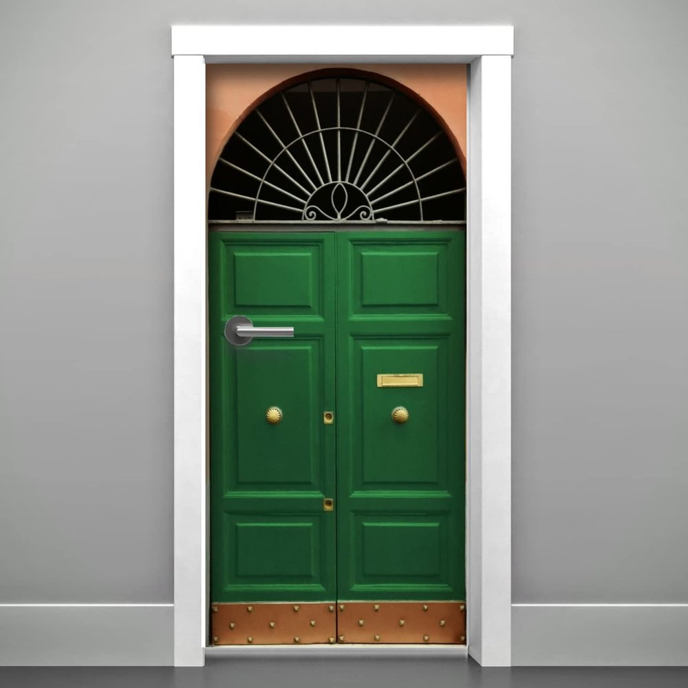 DoorPix 36x80 Inch 3D Door Mural Wrap Glossy Bubble Free Sticker Emerald Green 6-Panel Double Door with Decorative Arched Transom - Peel and Stick - Easy-to-Clean, Durable