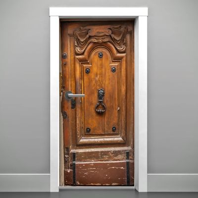 DoorPix 32x80 Inch 3D Door Mural Wrap Glossy Bubble Free Sticker Rustic Italian Single Panel Wood Door with Lions Head Door Knocker - Peel and Stick - Easy-to-Clean, Durable