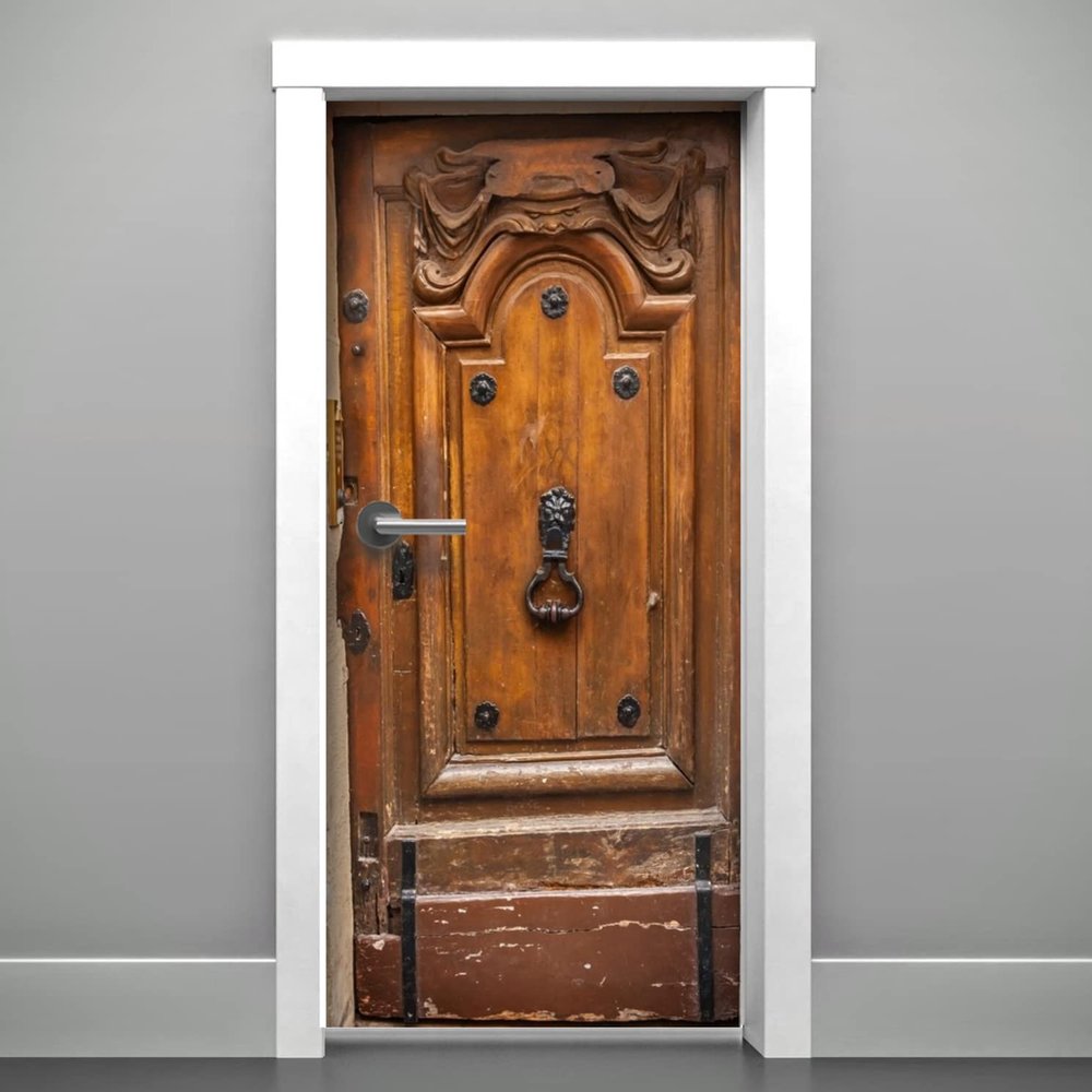 DoorPix 32x80 Inch 3D Door Mural Wrap Glossy Bubble Free Sticker Rustic Italian Single Panel Wood Door with Lions Head Door Knocker - Peel and Stick - Easy-to-Clean, Durable