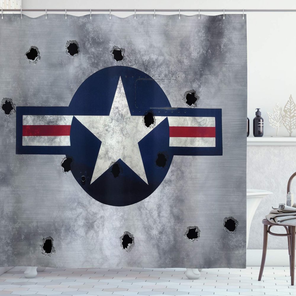 Ambesonne Airplane Shower Curtain, Star on Round Circle with Stripes with Grunge Effect Backdrop Aircraft, Cloth Fabric Bathroom Decor Set with Hooks, 69" W x 84" L, Red Grey Blue