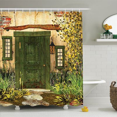 Ambesonne Rustic Shower Curtain, Cottage Door Overgrown Bushes and Grass Tree Garden in The Countryside Graphic Print, Cloth Fabric Bathroom Decor Set with Hooks, 69" W x 84" L, Green Ivory Yellow