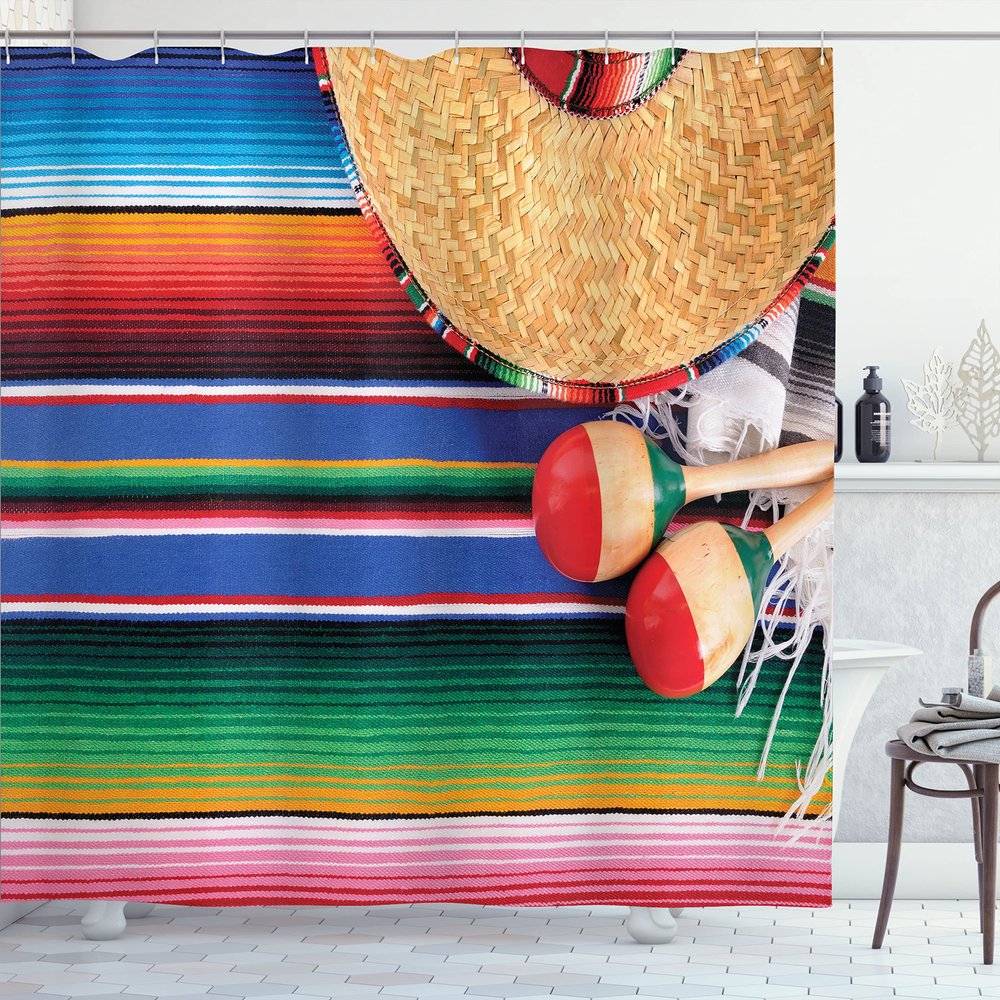 Ambesonne Mexican Shower Curtain, Mexican Culture Theme with Sombrero Straw Hat Maracas Serape Blanket Rug Picture, Cloth Fabric Bathroom Decor Set with Hooks, 69" W x 75" L, Red Ivory