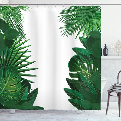Ambesonne Leaf Shower Curtain, Exotic Fantasy Hawaiian Tropical Palm Leaves Floral Graphic Art Print, Cloth Fabric Bathroom Decor Set with Hooks, 69" W x 75" L, Green White