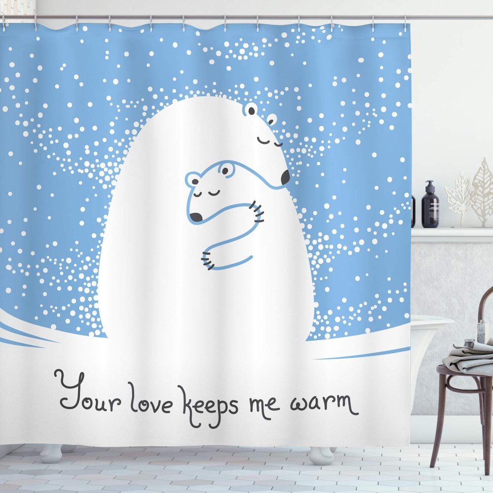 Ambesonne Animal Shower Curtain, Mother Polar Bear Hugging Her in The Snow North Winter Love Keeps Warm Art, Cloth Fabric Bathroom Decor Set with Hooks, 69" W x 75" L, White and Blue