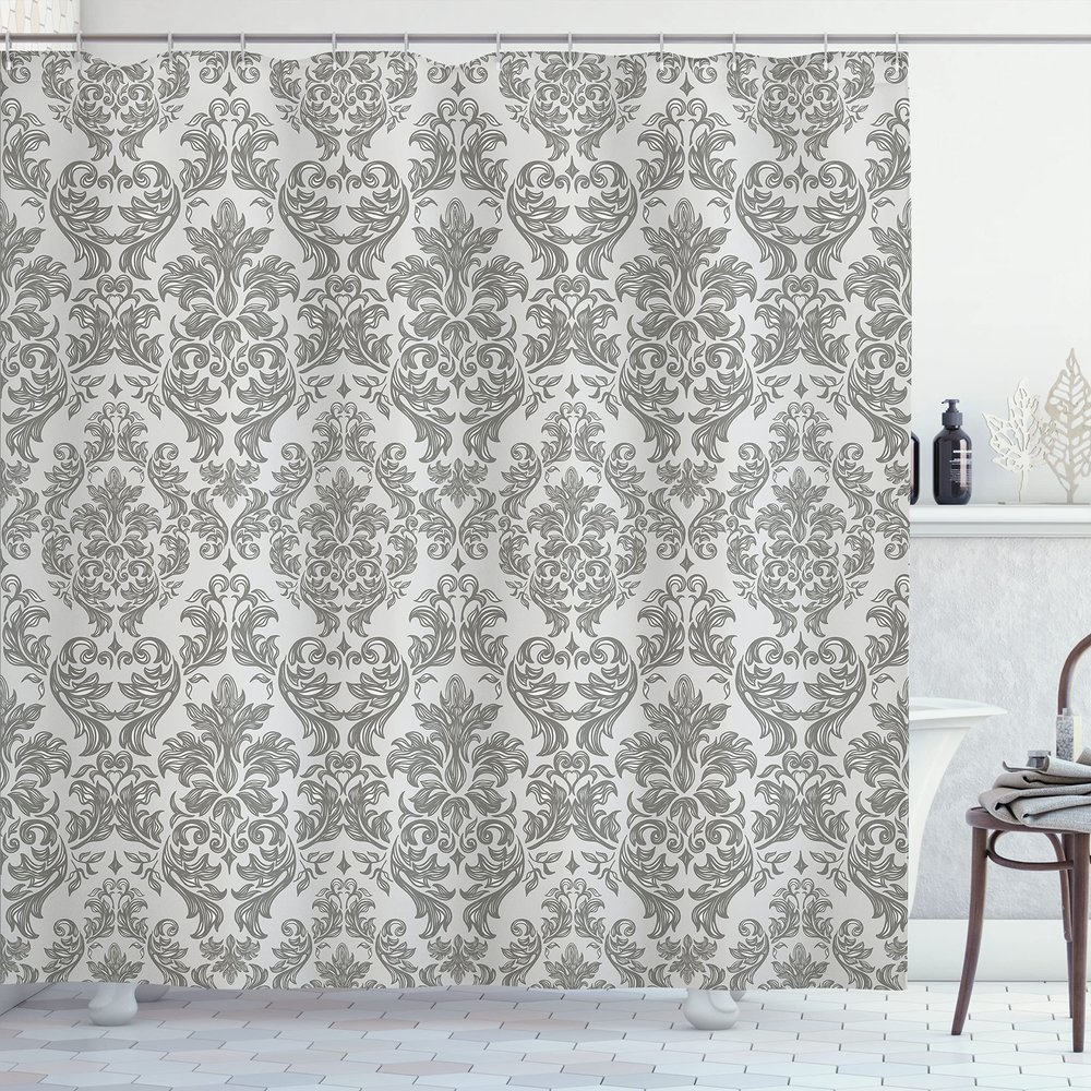 Ambesonne Damask Shower Curtain, Ornamental Baroque Style of Leafs Spring Blossoming Pattern with Flowery Design of Curves Work of Art, Cloth Fabric Bathroom Set with Hooks, 69" W x 75" L, Dimgray