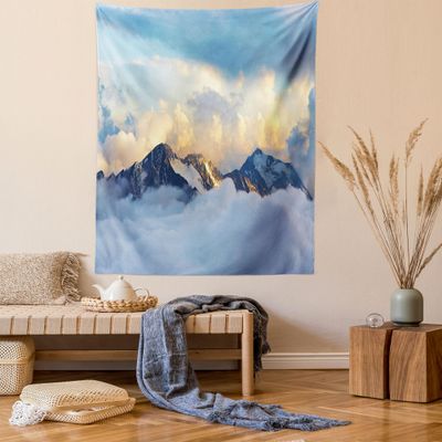 Ambesonne Europe Tapestry, Alpine Landscape with Peaks Covered by Snow Clouds Panoramic View Picture, Wall Hanging for Bedroom Living Room Dorm, 60" X 80", Blue White