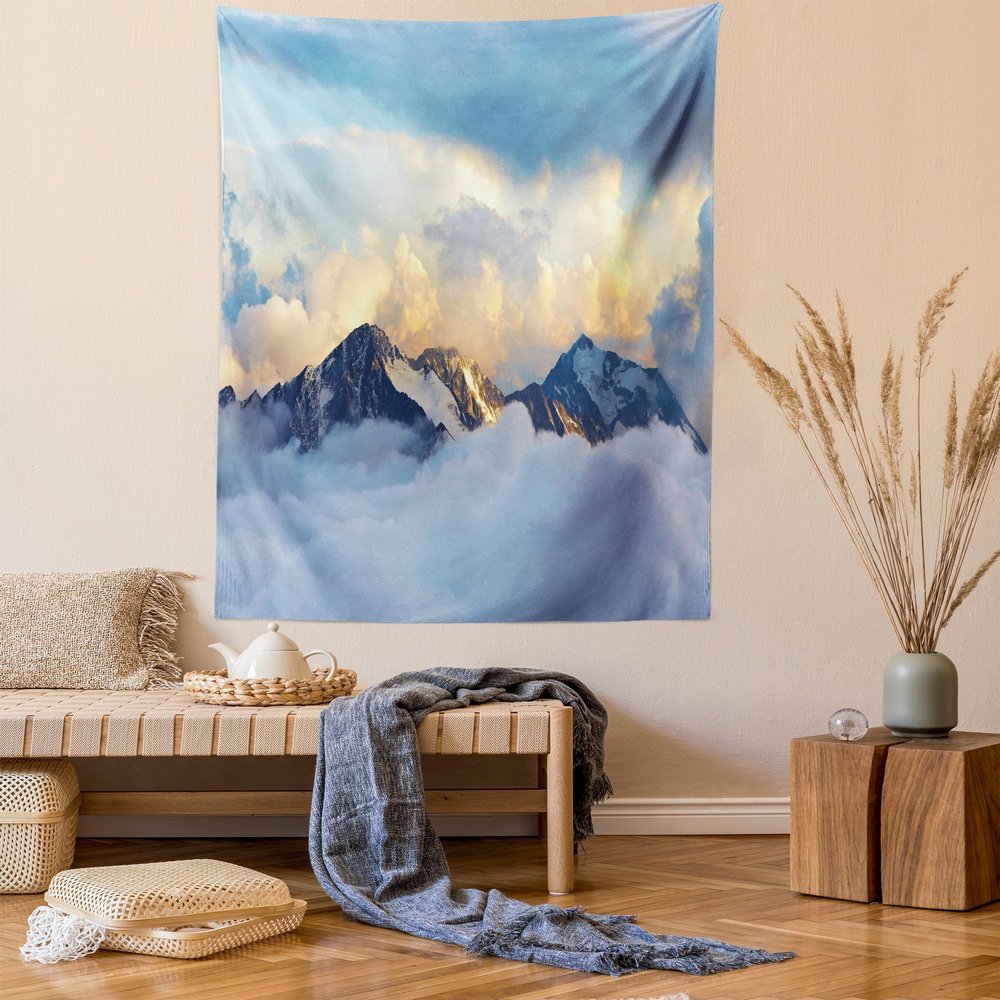 Ambesonne Europe Tapestry, Alpine Landscape with Peaks Covered by Snow Clouds Panoramic View Picture, Wall Hanging for Bedroom Living Room Dorm, 60" X 80", Blue White