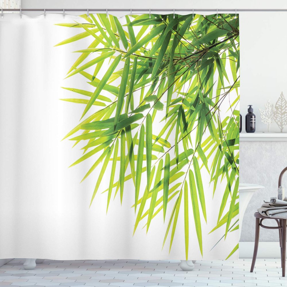 Ambesonne Bamboo Print Shower Curtain, Leaves and Branches Simple Tranquil Image of Asian Jungles on Plain Back, Cloth Fabric Bathroom Decor Set with Hooks, 69" W x 70" L, White and Green