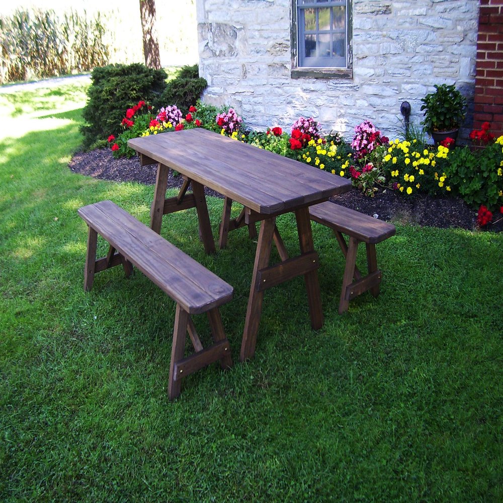 A & L Furniture Traditional Table with 2 Benches Without Hole, Walnut Stain