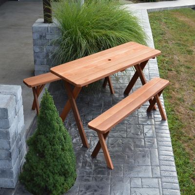 A & L Furniture 192C-LS Linden Leaf Stain-with Hole Cross-Leg Table with 2 Benches with Umbrella Hole, Linden Ivory Leaf Stain