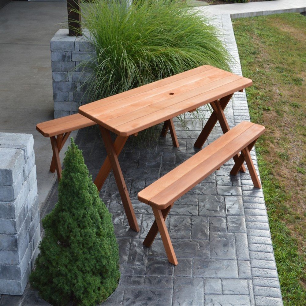 A & L Furniture 192C-LS Linden Leaf Stain-with Hole Cross-Leg Table with 2 Benches with Umbrella Hole, Linden Ivory Leaf Stain