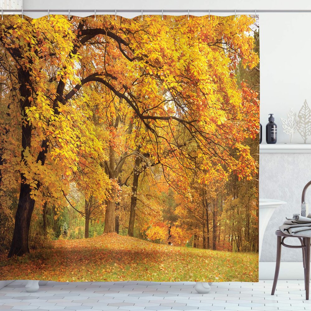Ambesonne Forest Shower Curtain, Warm Fall Scenery Pale Maple Leaves in The Woodland November Season Woodlands, Cloth Fabric Bathroom Decor Set with Hooks, 69" W x 75" L, Orange Brown