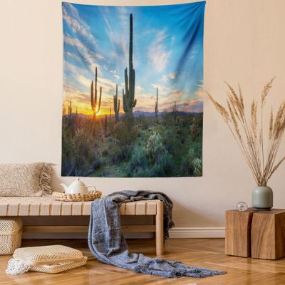 Ambesonne Saguaro Tapestry, Sun is Setting Between Cactus Plants with Spines Noon Landscape Wild Design, Wall Hanging for Bedroom Living Room Dorm Decor, 60" X 80", Green Blue