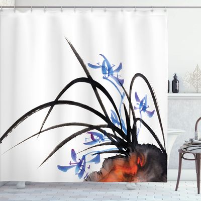 Ambesonne Asian Shower Curtain, Classic Oriental with Ink Painting Effect Orchid Design Artwork, Cloth Fabric Bathroom Decor Set with Hooks, 69" W x 84" L, Black Blue White
