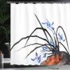 Ambesonne Asian Shower Curtain, Classic Oriental with Ink Painting Effect Orchid Design Artwork, Cloth Fabric Bathroom Decor Set with Hooks, 69" W x 84" L, Black Blue White view 3