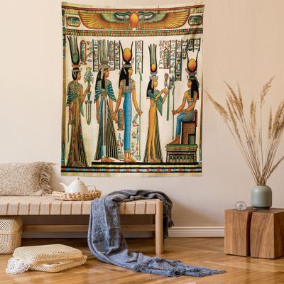 Ambesonne Egyptian Print Tapestry, Egyptian Papyrus Depicting Queen Nefertari Making an Offering to Isis Image, Wall Hanging for Bedroom Living Room Dorm Decor, 60" X 80", Teal Orange