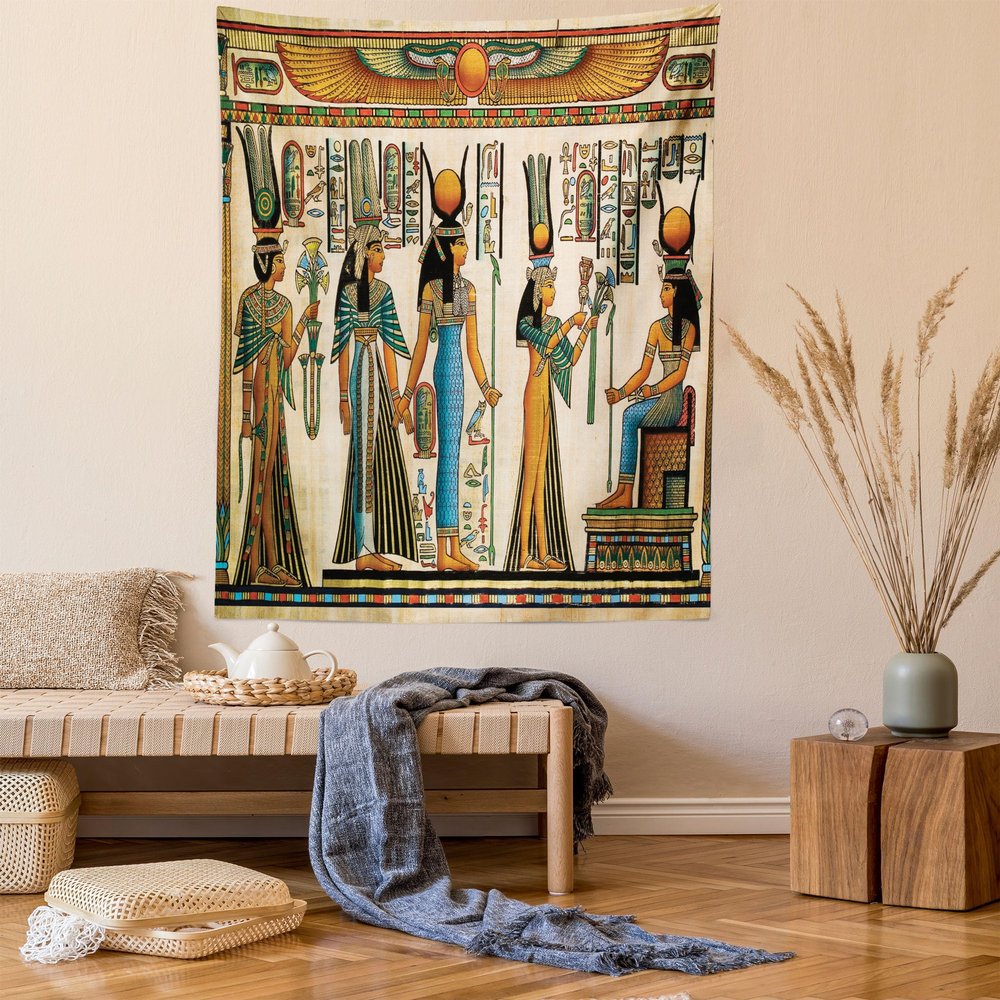 Ambesonne Egyptian Print Tapestry, Egyptian Papyrus Depicting Queen Nefertari Making an Offering to Isis Image, Wall Hanging for Bedroom Living Room Dorm Decor, 60" X 80", Teal Orange