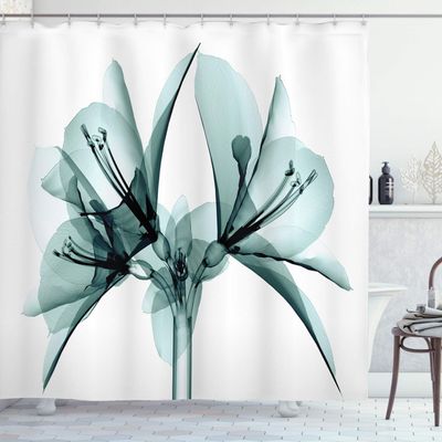 Ambesonne Flower Shower Curtain, Illustration of a Blooming Flower X-ray Vision of Nature Solarized Pattern, Cloth Fabric Bathroom Decor Set with Hooks, 69" W x 84" L, Ivory Teal