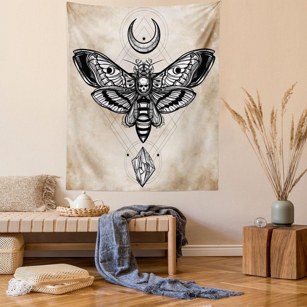 Ambesonne Fantasy Tapestry, Dead Head Hawk Moth Luna and Stone Magic Skull Illustration, Wall Hanging for Bedroom Living Room Dorm Decor, 40" X 60", Black Beige