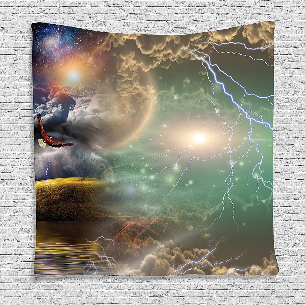 Ambesonne Fantasy Tapestry, Different Sky Celestial Events with an Eagle Thunderstorm Clouds Outer Space Image, Wall Hanging for Bedroom Living Room Dorm Decor, 40" X 60", Purple Yellow