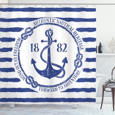 Ambesonne Anchor Shower Curtain, Old Nautical Emblem Marine on a Striped Background Freedom Heritage, Cloth Fabric Bathroom Decor Set with Hooks, 69" W x 75" L, White Blue