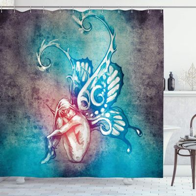 Ambesonne Butterfly Shower Curtain, with Butterfly Wings Renewal Female Rebirth Psyche Lightness of Being, Cloth Fabric Bathroom Decor Set with Hooks, 69" W x 84" L, Blue and Purple