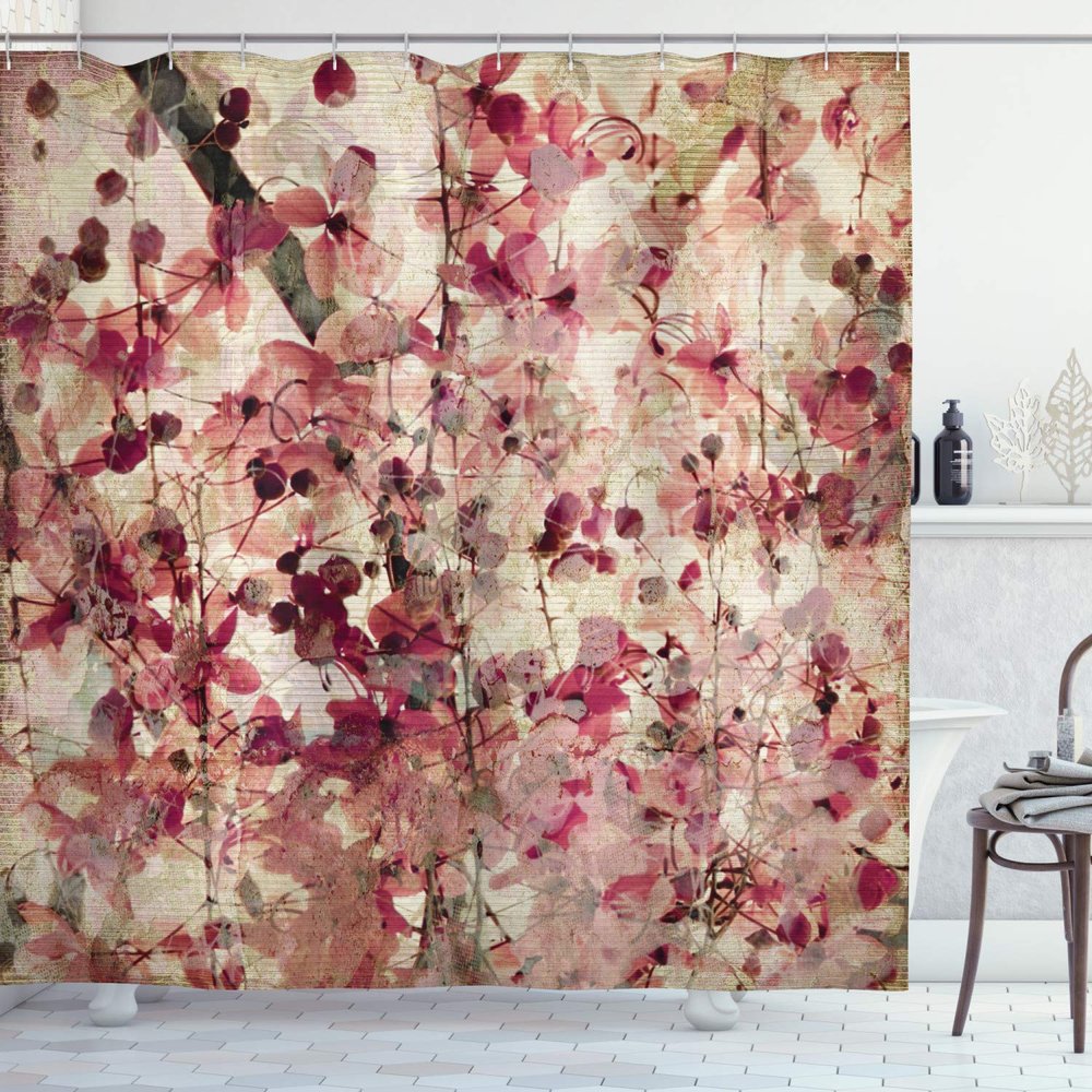 Ambesonne Antique Shower Curtain, Grungy Effect Cherry Blossoms on Retro Background Floral Art Work Nostalgia, Cloth Fabric Bathroom Decor Set with Hooks, 69" W x 70" L, Beige and Pink