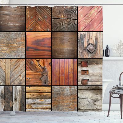 Ambesonne Antique Shower Curtain, Assortment of Different Wooden Architecture Elements Timber Door Key Print, Cloth Fabric Bathroom Decor Set with Hooks, 69" W x 84" L, Chocolate Brown