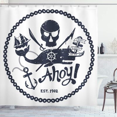 Ambesonne Anchor Shower Curtain, Vintage Style Nautical Pirate Skull and Whale Design Ship Marine Image, Cloth Fabric Bathroom Decor Set with Hooks, 69" W x 84" L, Dark Blue White