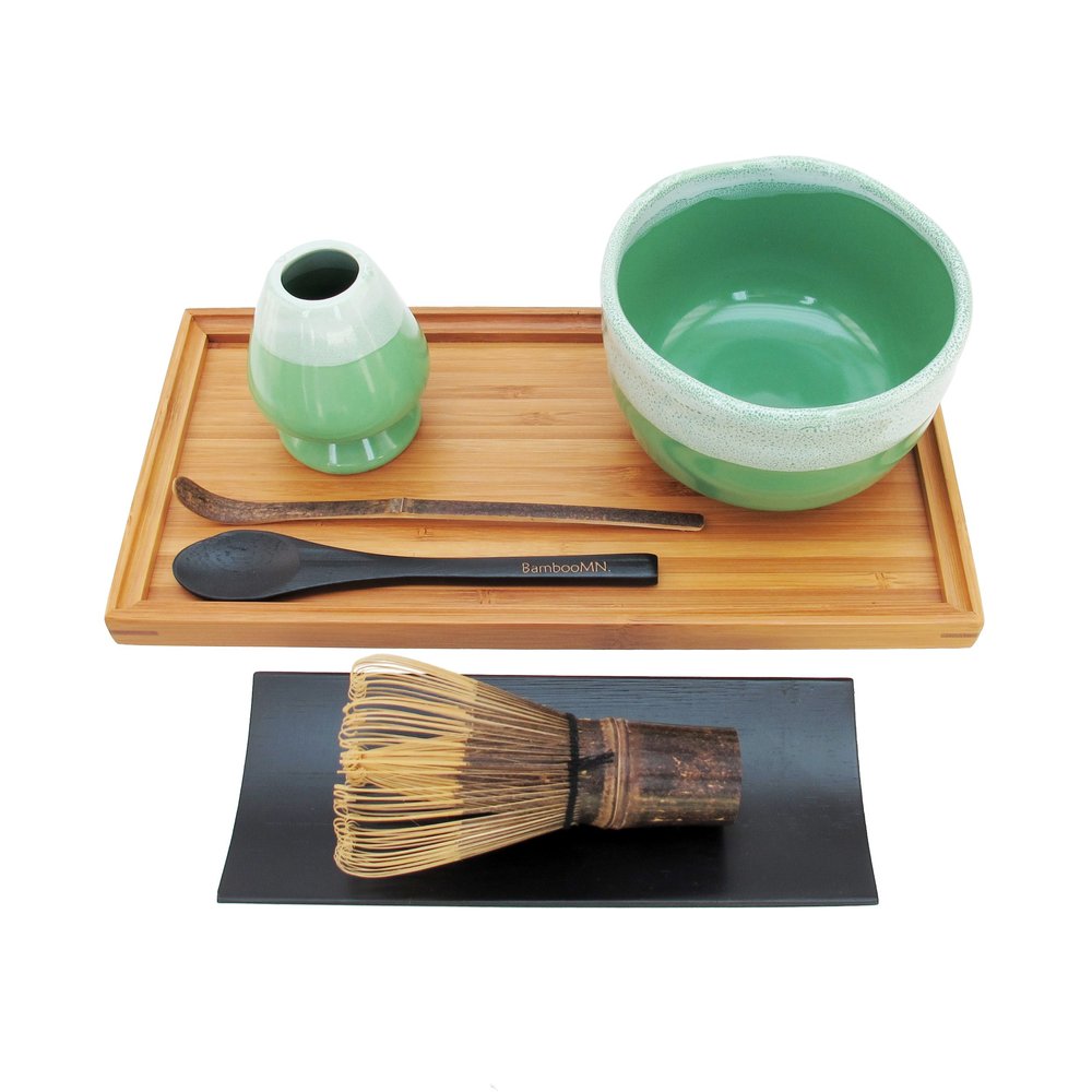 BambooMN Brand - Matcha Bowl Set (Includes Bowl, Rest, Black Tea Whisk, Black Chasaku, Black Tea Spoon, Rest Tray & Tray) - Mint Green