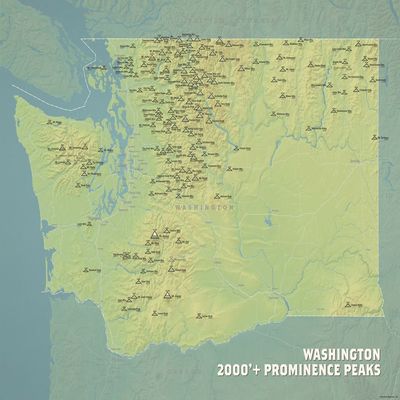 Washington 2000' Prominence Peaks Map 18x24 Poster (Natural Earth)