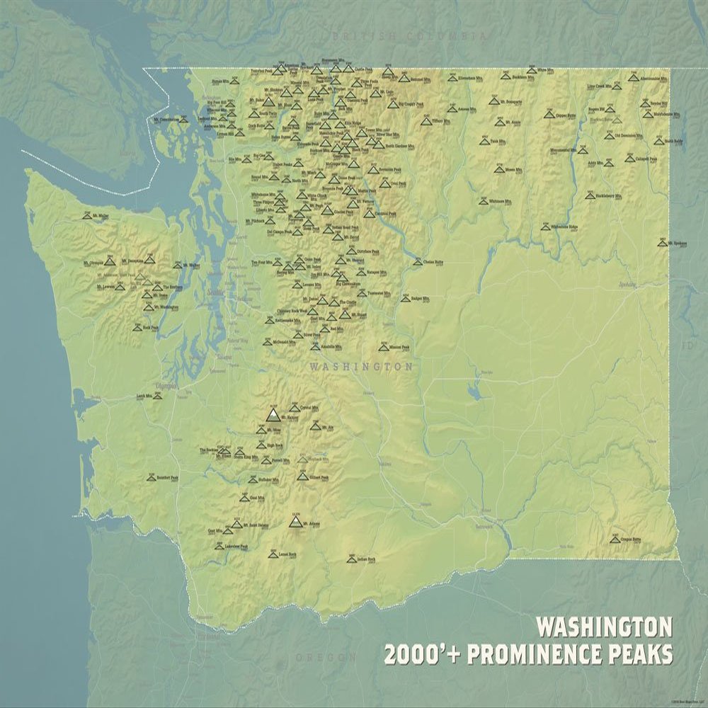 Washington 2000' Prominence Peaks Map 18x24 Poster (Natural Earth)