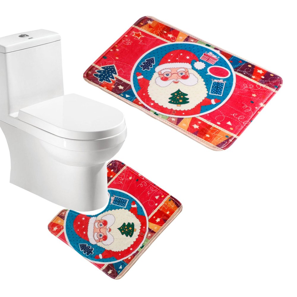 Amagical 2 Piece Merry Christmas Pattern Flannel Non Slip Toilet Contour Rug Bathroom Carpet Rug (2, Red Cute Santa)
