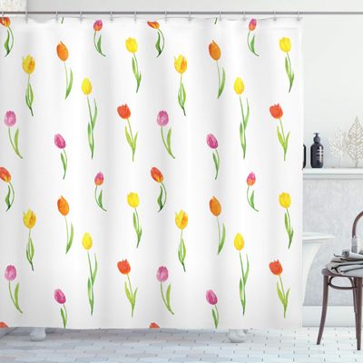 Ambesonne Watercolor Flower Shower Curtain, Colorful Tulips Pattern Country Style Floral Watercolor Effect Art, Cloth Fabric Bathroom Decor Set Hooks, 69" W x 75" L, Fern Green Apricot Pastel Yellow