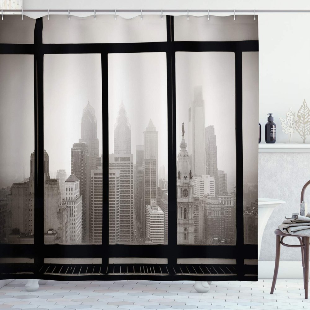 Ambesonne City Shower Curtain, Philadelphia City Rooftop View Through Window Skyline Landmark Rooftop Travel, Cloth Fabric Bathroom Decor Set with Hooks, 69" W x 84" L, Dimgray and Black