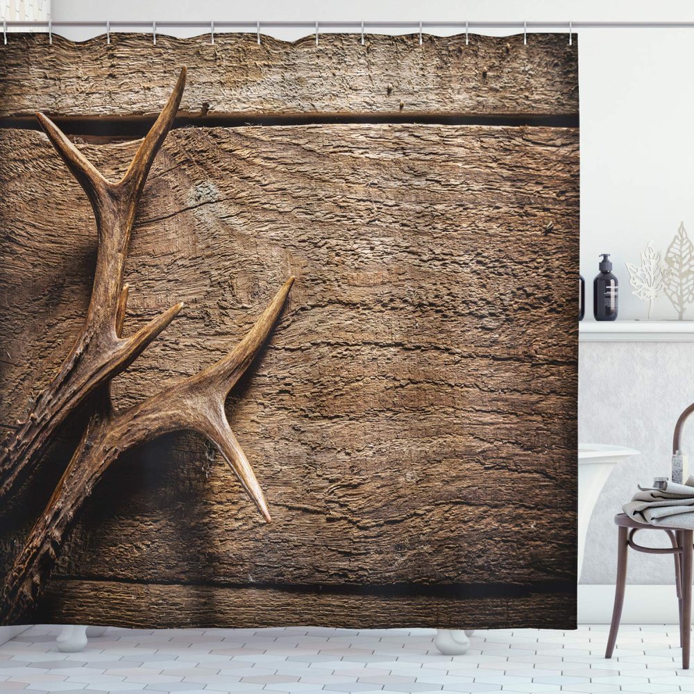 Ambesonne Antlers Shower Curtain, Deer Antlers on Wood Table Rustic Texture Surface Hunting Season Fall Gathering Art, Cloth Fabric Bathroom Decor Set with Hooks, 69" W x 75" L, Umber